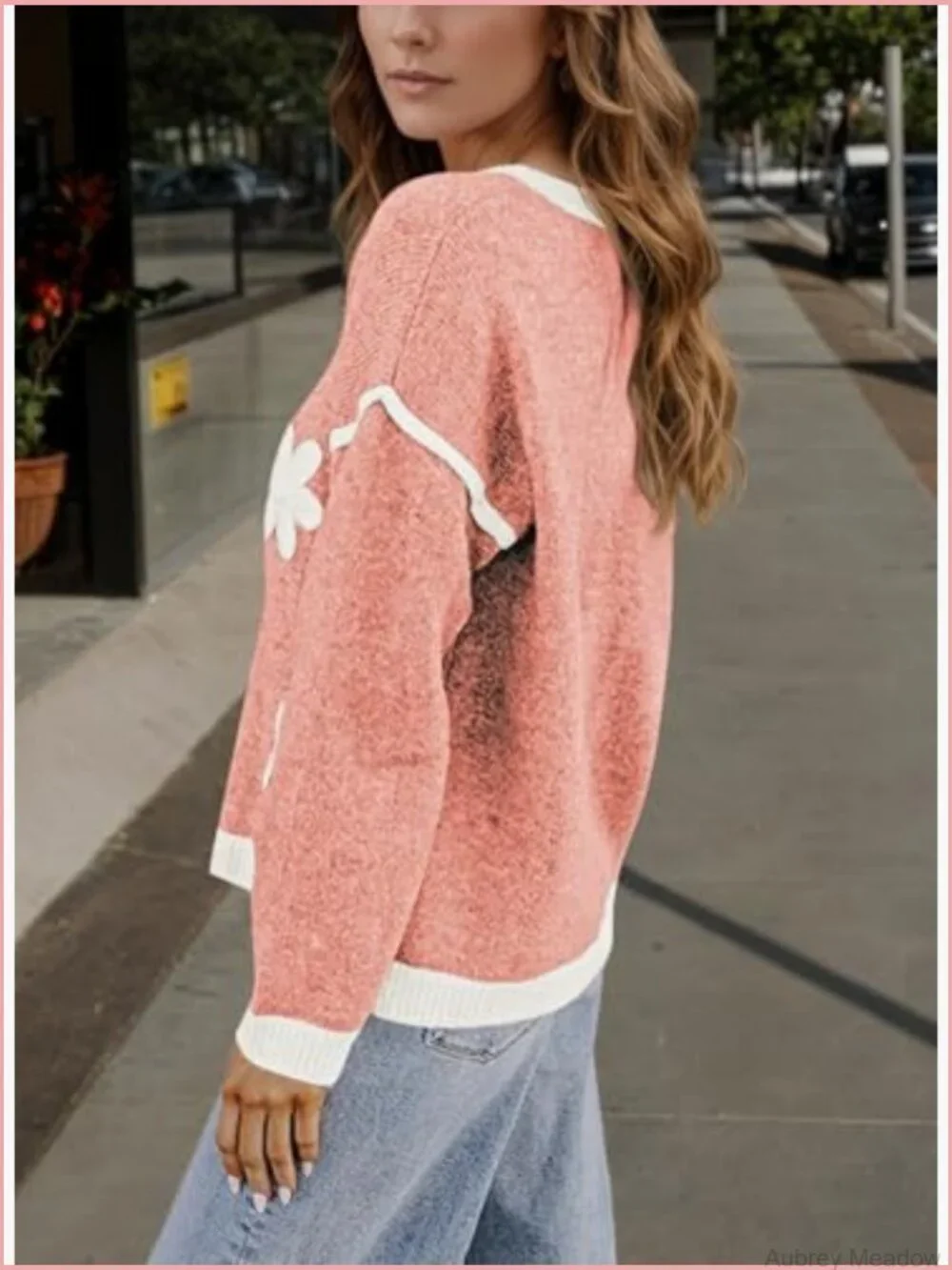 Women's Oversized V-Neck Pullover Sweater Floral Knit Long Sleeve Tops - Picture 3 of 7